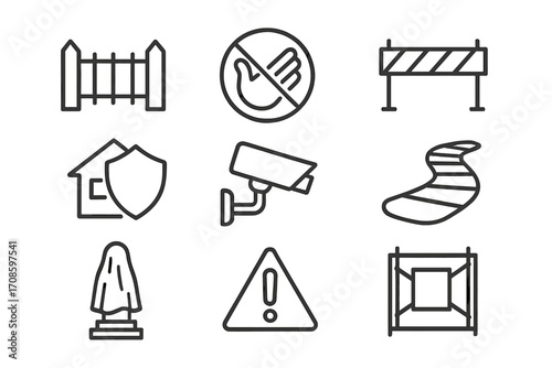 Protective Measures Icons. Line style icons of protective measures: fenced site, do not touch sign, site closed barrier, protected