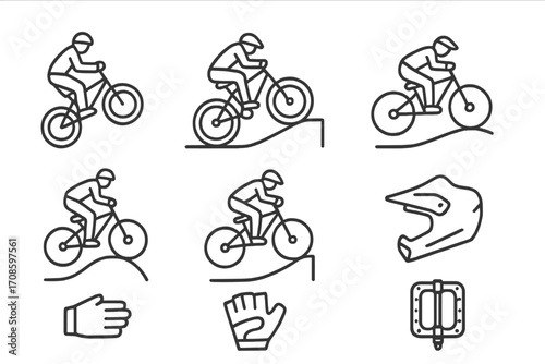 Extreme Cycling Icons. Line style icons of extreme cycling: BMX stunt, mountain biking trail, downhill biking, urban bike tricks,