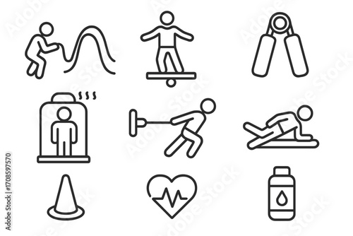 Extreme Sports Icons. Line style icons of training for extreme sports: rope drills, balance board, grip strength trainer, altitude