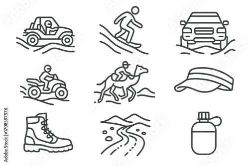 Desert Adventure Icons. Line style icons of desert and dune sports: dune buggy ride, sandboarding, desert rally, quad bike, camel