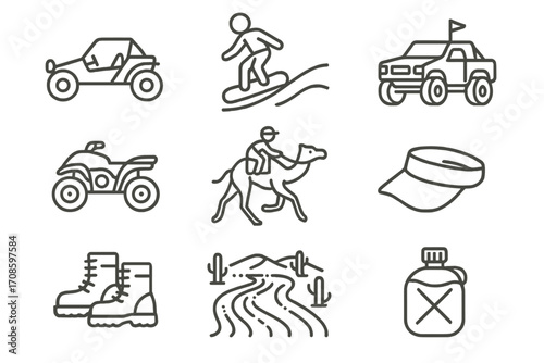 Desert Adventure Icons. Line style icons of desert and dune sports: dune buggy ride, sandboarding, desert rally, quad bike, camel