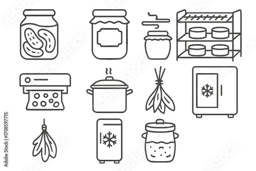 Food Preservation Icons. Line style icons of food preservation: pickling jar, jam jar, drying rack, vacuum seal, canning pot,