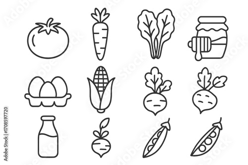 Farm-to-Table Line Icons. Line style icons of farm-to-table ingredients: fresh tomato, organic carrot, leafy greens, farm eggs,