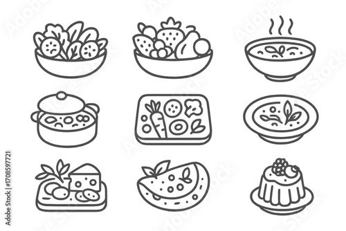 Seasonal Meals Icons. Line style icons of seasonal meals: spring salad, summer fruit bowl, autumn soup, winter stew, roasted