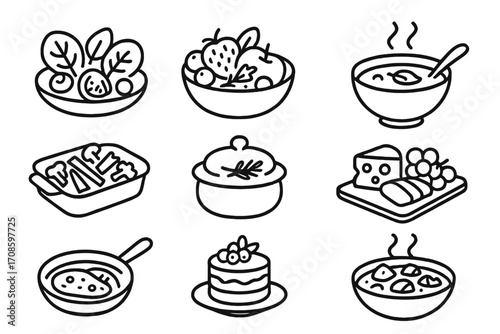Seasonal Meals Icons. Line style icons of seasonal meals: spring salad, summer fruit bowl, autumn soup, winter stew, roasted