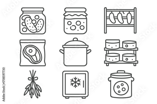 Food Preservation Icons. Line style icons of food preservation: pickling jar, jam jar, drying rack, vacuum seal, canning pot,