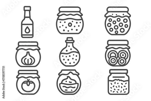 Fermented Condiment Icons. Line style icons of fermented condiments: fermented hot sauce, soy paste, mustard seed ferment, garlic