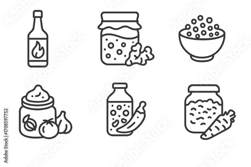 Fermented Condiment Icons. Line style icons of fermented condiments: fermented hot sauce, soy paste, mustard seed ferment, garlic