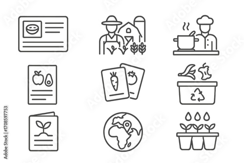 Local Food Education Icons. Line style icons of local food education: recipe card, farm tour, cooking demo, nutrition poster,