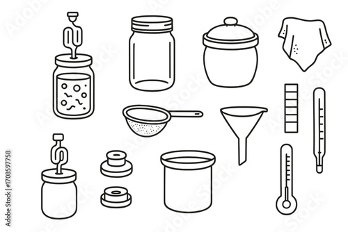 Fermentation Tools Icons. Line style icons of fermentation tools: fermentation jar, airlock lid, mason jar, fermentation crock,