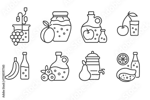Fruit Fermentation Icons. Line style icons of fruit fermentation: fermenting grapes, plum wine jar, apple cider jug, cherry