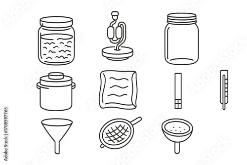 Fermentation Tools Icons. Line style icons of fermentation tools: fermentation jar, airlock lid, mason jar, fermentation crock,