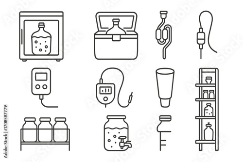 Advanced Fermentation Icons. Line style icons of advanced fermentation setups: fermentation fridge, insulated cooler, CO2 airlock,