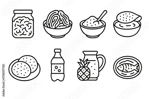 Global Fermented Foods Icons. Line style icons of global fermented foods: German sauerkraut, Korean kimchi, Japanese miso, Indian