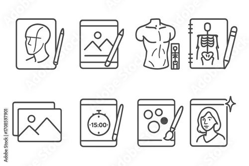 Digital Painting Icons. Line style icons of digital painting habits: warm-up sketch, daily prompt, study session, anatomy practice