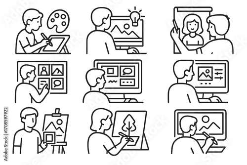 Digital Art Career Icons. Line style icons of digital painting career paths: freelance artist, concept artist, character