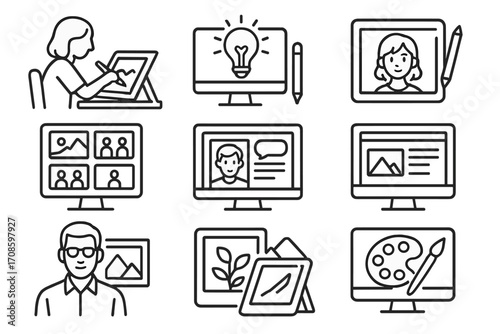 Digital Art Career Icons. Line style icons of digital painting career paths: freelance artist, concept artist, character