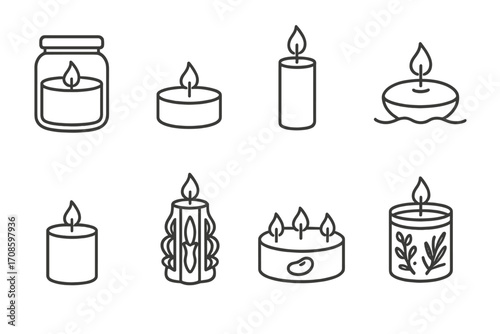 Scented Candle Icons. Line style icons of scented candle varieties: jar candle, tealight, pillar candle, floating candle, votive