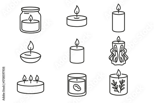 Scented Candle Icons. Line style icons of scented candle varieties: jar candle, tealight, pillar candle, floating candle, votive