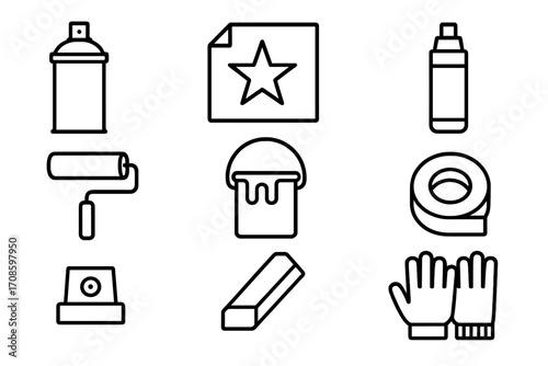 Street Art Tools. Line style icons of street art tools: spray can, stencil sheet, paint marker, roller brush, paint bucket,