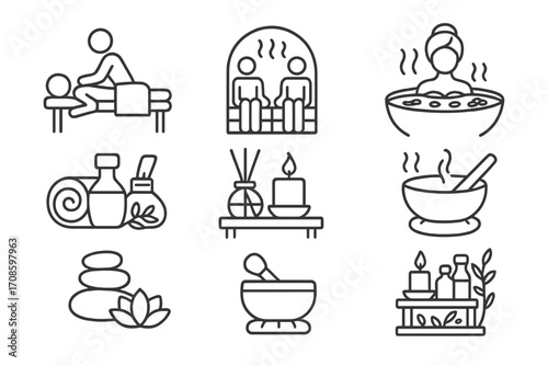 Spa Aromatherapy Icons. Line style icons of spa aromatherapy scenes: massage scene, steam room, aroma bath, candle-lit tub, herbal