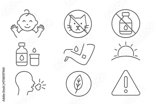 Aromatherapy Safety Icons. Line style icons of aromatherapy warnings and safety: child-safe icon, not for pets label, do not