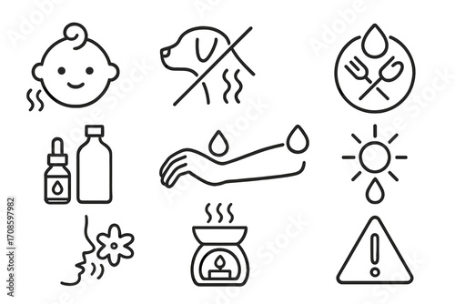 Aromatherapy Safety Icons. Line style icons of aromatherapy warnings and safety: child-safe icon, not for pets label, do not