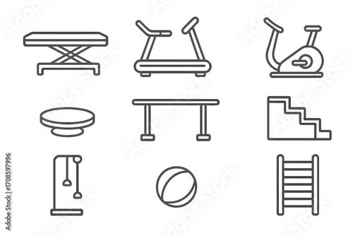 Rehabilitation Equipment Icons. Line style icons of rehabilitation equipment: therapy table, treadmill, exercise bike, balance