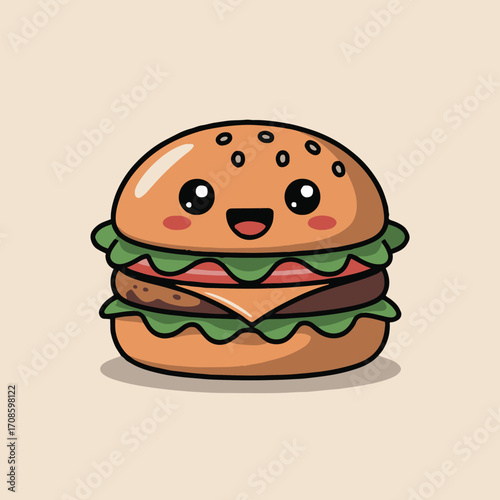 Vector art of cute cartoon burger with a happy face, featuring sesame seeds on the bun, lettuce, cheese, and a beef patty, perfect for childrens illustrations and foodrelated designs on a light beige 