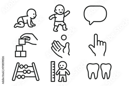 Child Development Icons. Line style icons of child development milestones: crawling baby, first steps, first word bubble, stacking