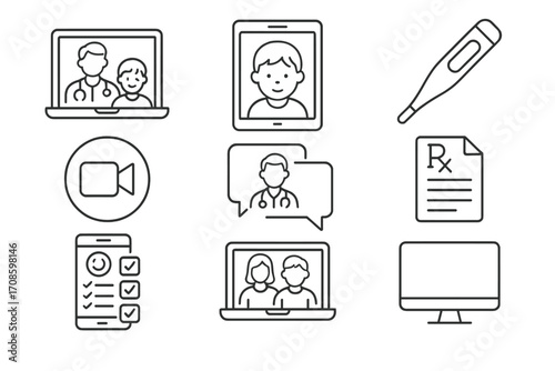 Pediatric Telemedicine Icons. Line style icons of pediatric telemedicine: online consultation, child on tablet, digital