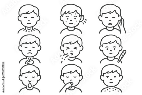 Childhood Illness Icons. Line style icons of common childhood illnesses: sore throat, chickenpox, ear infection, upset stomach,
