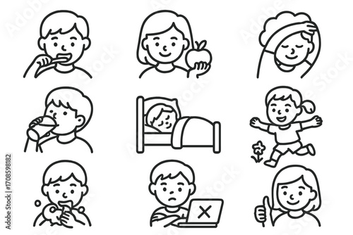 Child Wellness Icons. Line style icons of child wellness habits: brushing teeth, eating healthy, daily stretching, drinking water,