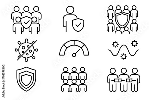 Herd Immunity Icons. Line style icons of herd immunity concepts: immune group, protected person, shield in crowd, virus blocked