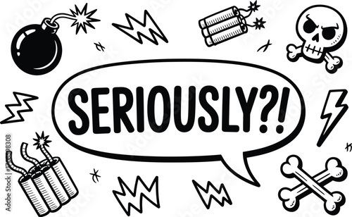 Seriously question mark exclamation mark speech bubble with explosions and skull