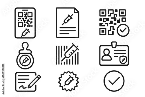 Vaccine Certificate Icons. Line style icons of vaccine certificates: digital health pass, printed certificate, QR verification,