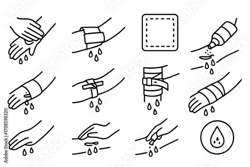 Bleeding Control Icons. Line style icons of bleeding control: pressure pad, wound dressing, gauze pad, hemostatic powder,