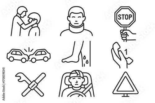 Road Accident Icons. Line style icons of road accident first aid: helmet removal, neck brace, stop traffic sign, car crash icon,