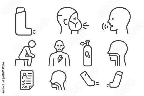 Asthma Emergency Icons. Line style icons of asthma and respiratory emergencies: inhaler, breathing mask, wheezing symbol, seated