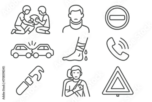 Road Accident Icons. Line style icons of road accident first aid: helmet removal, neck brace, stop traffic sign, car crash icon,