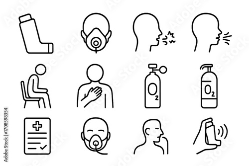 Asthma Emergency Icons. Line style icons of asthma and respiratory emergencies: inhaler, breathing mask, wheezing symbol, seated