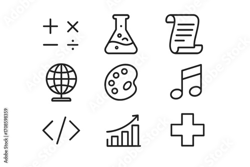 Course Subject Icons. Line style icons of course subjects: math symbols, science flask, history scroll, language globe, art