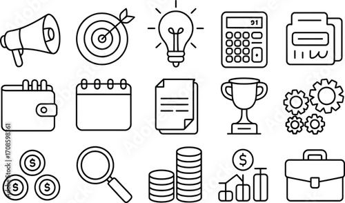 Collection of business and finance icons in a simple line art style