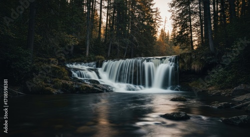 Fototapeta Naklejka Na Ścianę i Meble -  Forest waterfall cascading into a calm pool