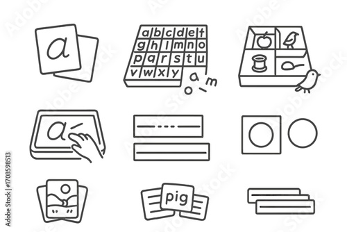 Montessori Language Tools. Line style icons of Montessori language tools: sandpaper letters, movable alphabet, phonetic object box