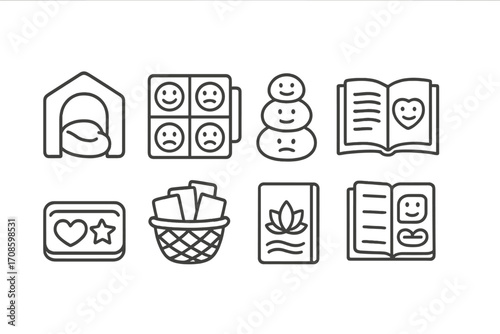 Emotional Intelligence Icons. Line style icons of emotional intelligence tools: calm corner icon, mood meter, emotion stones,