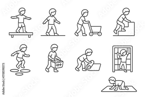 Gross Motor Skill Icons. Line style icons of gross motor skill areas: balance beam, walking line, push cart, soft steps, jump