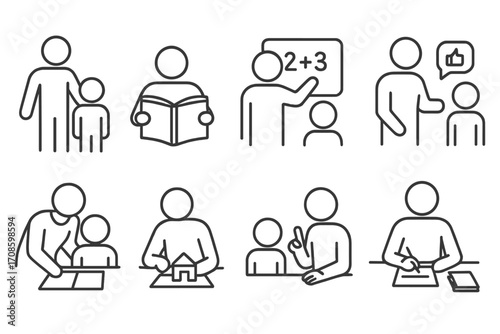 Parent-Child Education Icons. Line style icons of parent as educator: parent guiding child, reading together, explaining math,