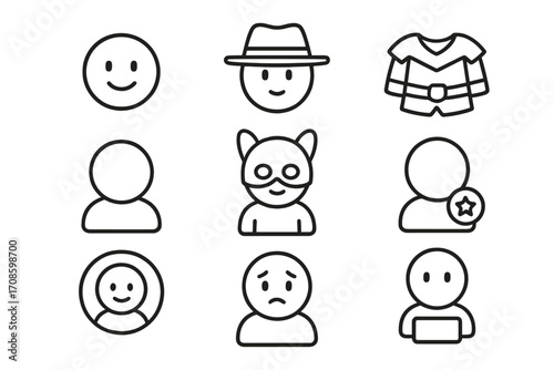 In-App Learning Avatars. Line style icons of in-app learning avatars: happy face icon, cool hat avatar, themed outfit set, color