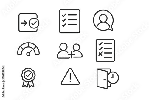 Attendance Line Icons. Line style icons of attendance and participation: login checkmark, attendance list, profile bubble,
